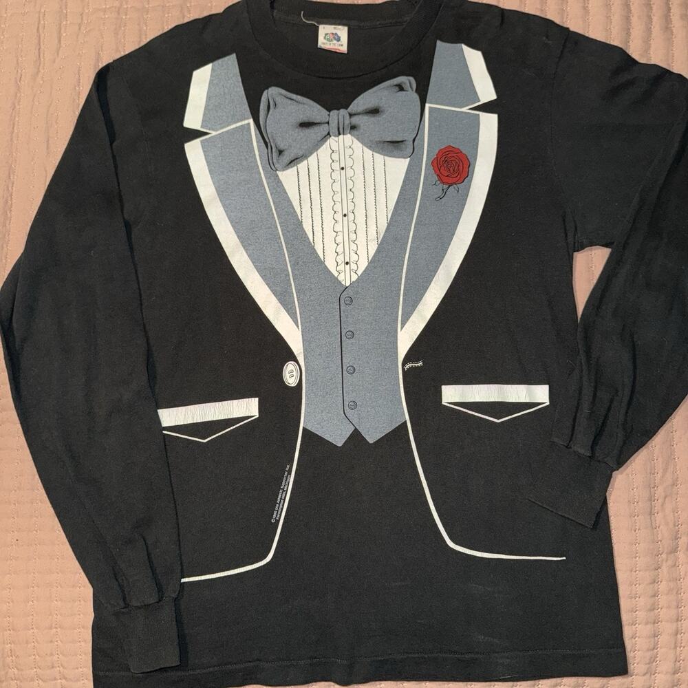 VtG 1980 Athletic Supporter Black Tux Tuxedo Long Sleeve Shirt Sz L Novelty EUC